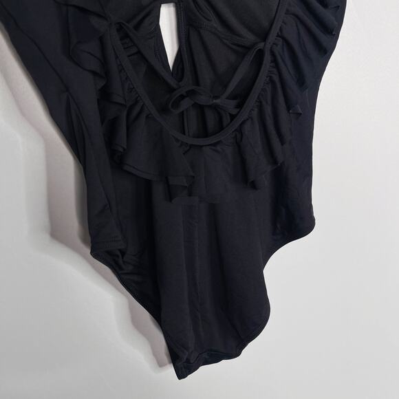 Michael Kors Womens 10 Black Ruffle Deep V Neck One Piece Swim Suit Tie Back - Picture 7 of 10